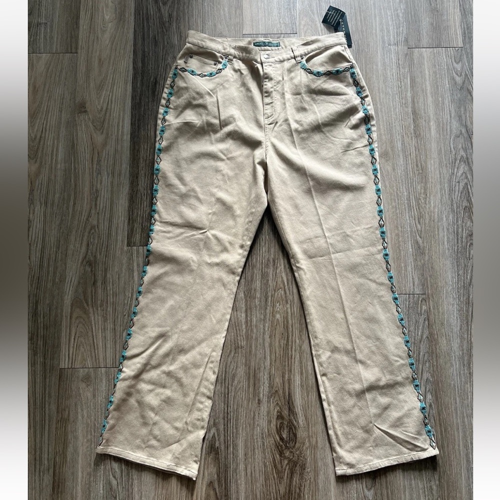 Ralph Lauren High Rise Tan Pants with Embroidered Trim 14W NWT